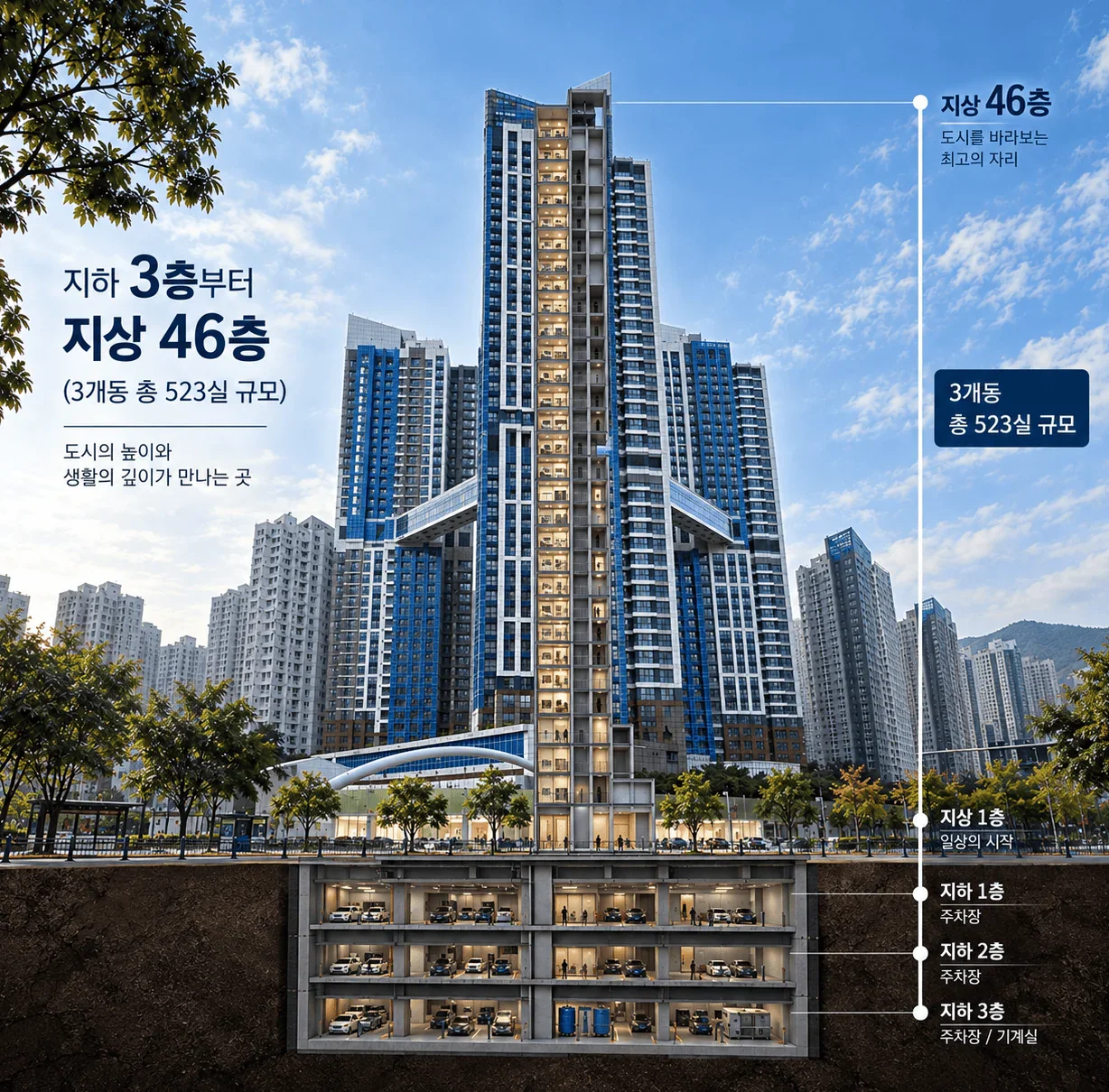 지하 3층부터 지상 46층, 3개동 총 523실 규모